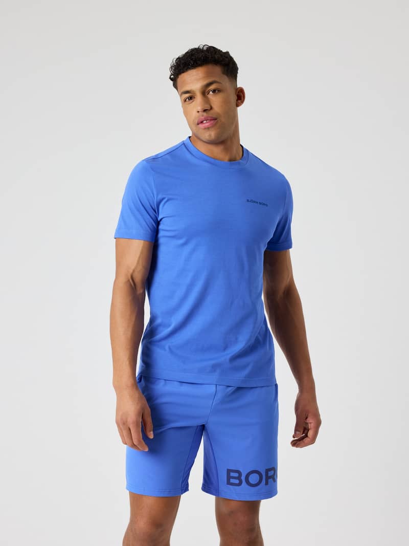Front view of a model wearing the Borg Sports T-Shirt in Amparo Blue (Blue) for training and tennis.