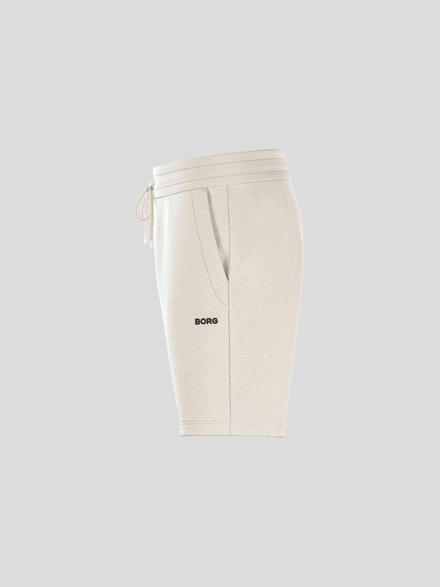 Side view of the men's Borg Essential 4 Sweatshorts in Tofu (White) featuring a black logo on the leg. - Image 4