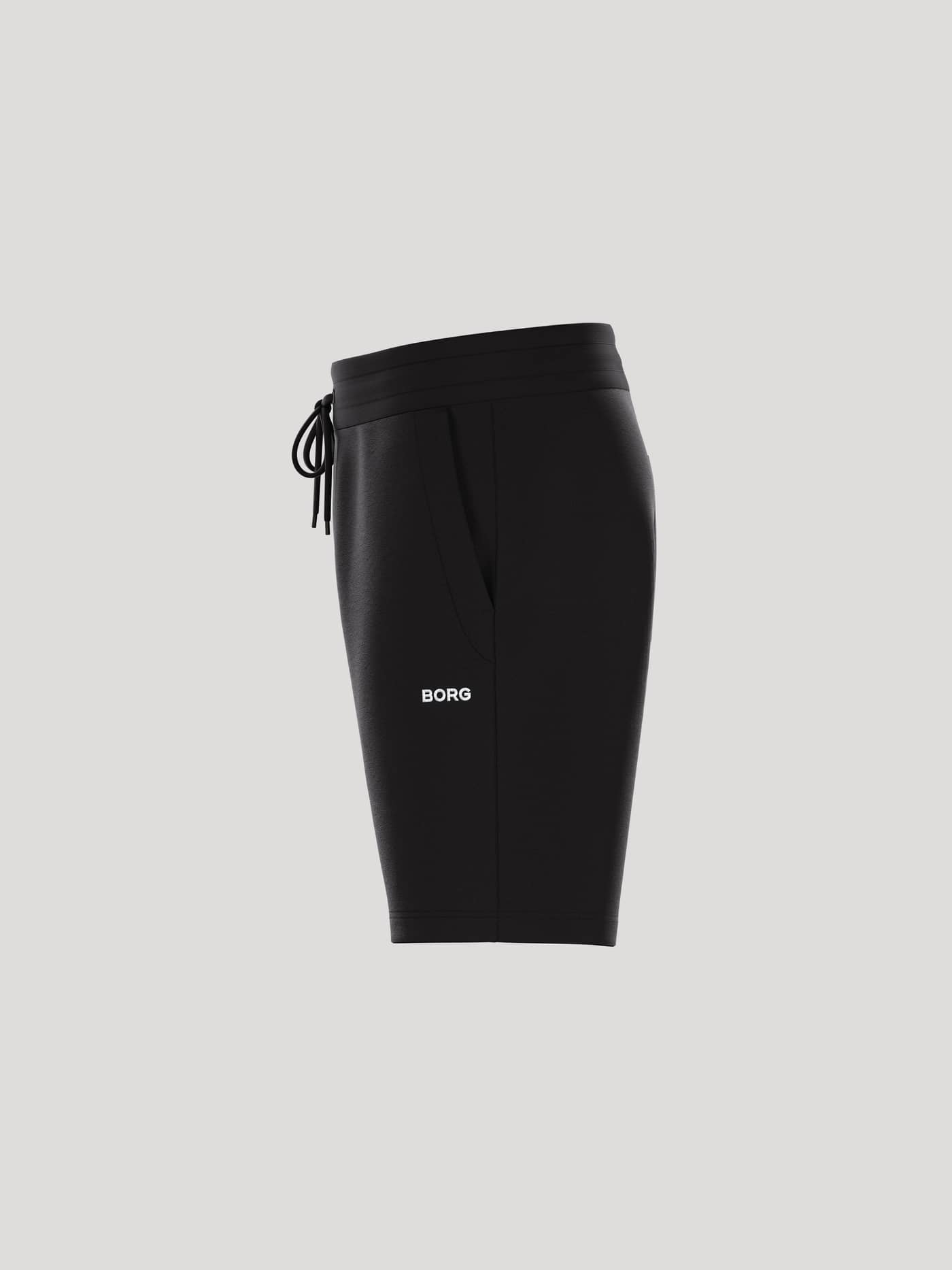 Side profile of the men's Borg Essential 4 Sweatshorts in Black Beauty (Black) with a white logo and functional pockets. - Image 4
