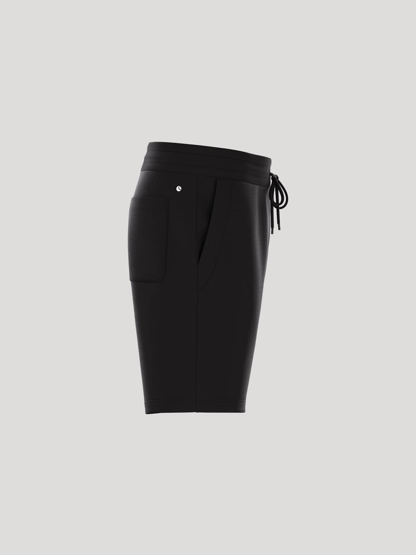 Side view of the Borg Essential 4 Sweatshorts in Black Beauty (Black), featuring soft French terry, white logo and pockets. - Image 2