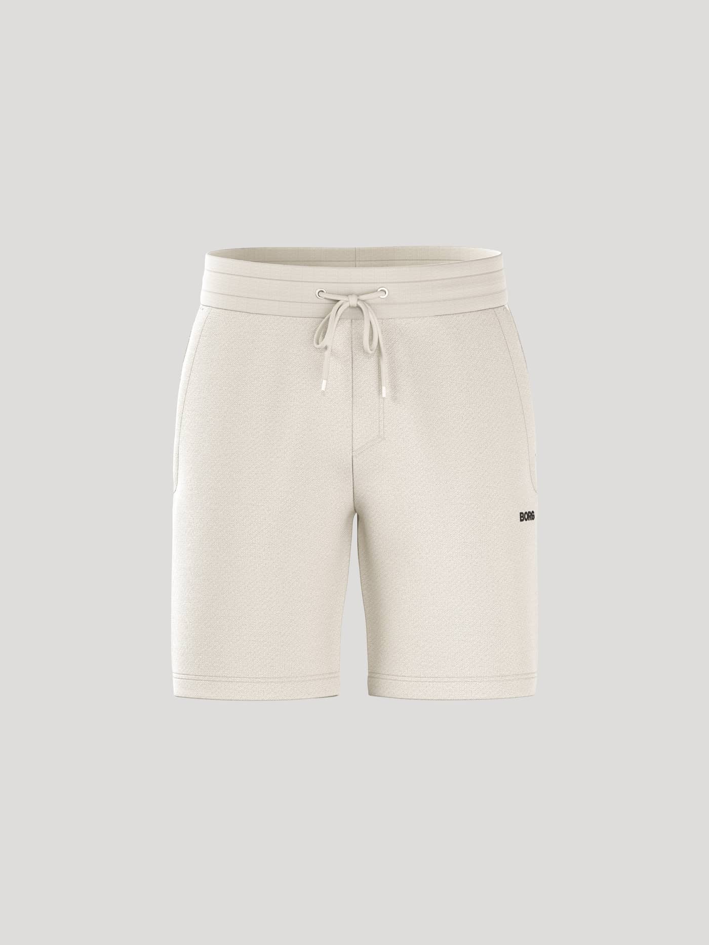 Borg Essential 4 Sweatshorts för herr sedda framifrån i Tofu (Vit) med svart logotyp och justerbar dragsko. - Image 1
