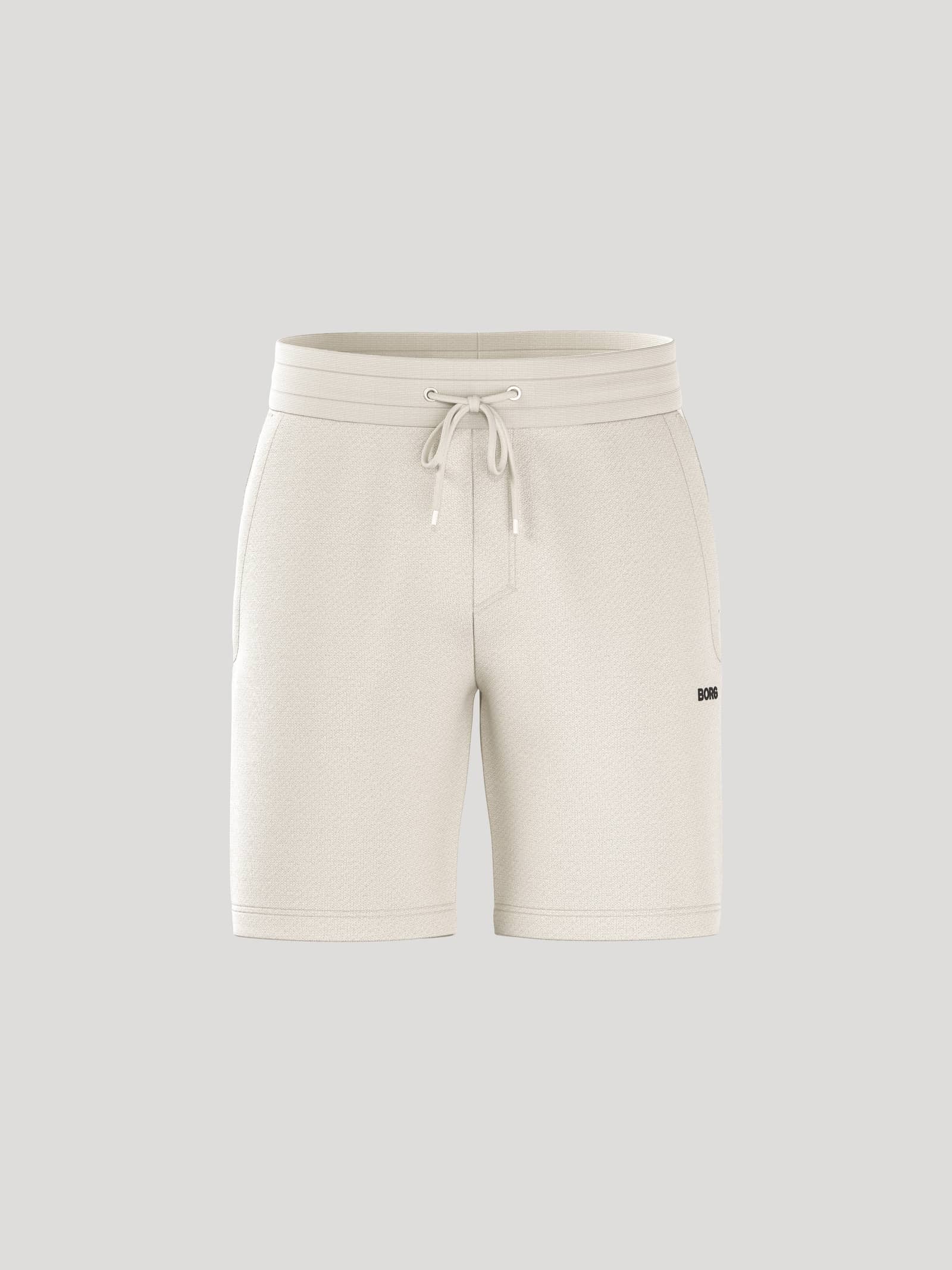 Borg Essential 4 Sweatshorts för herr sedda framifrån i Tofu (Vit) med svart logotyp och justerbar dragsko. - Image 1