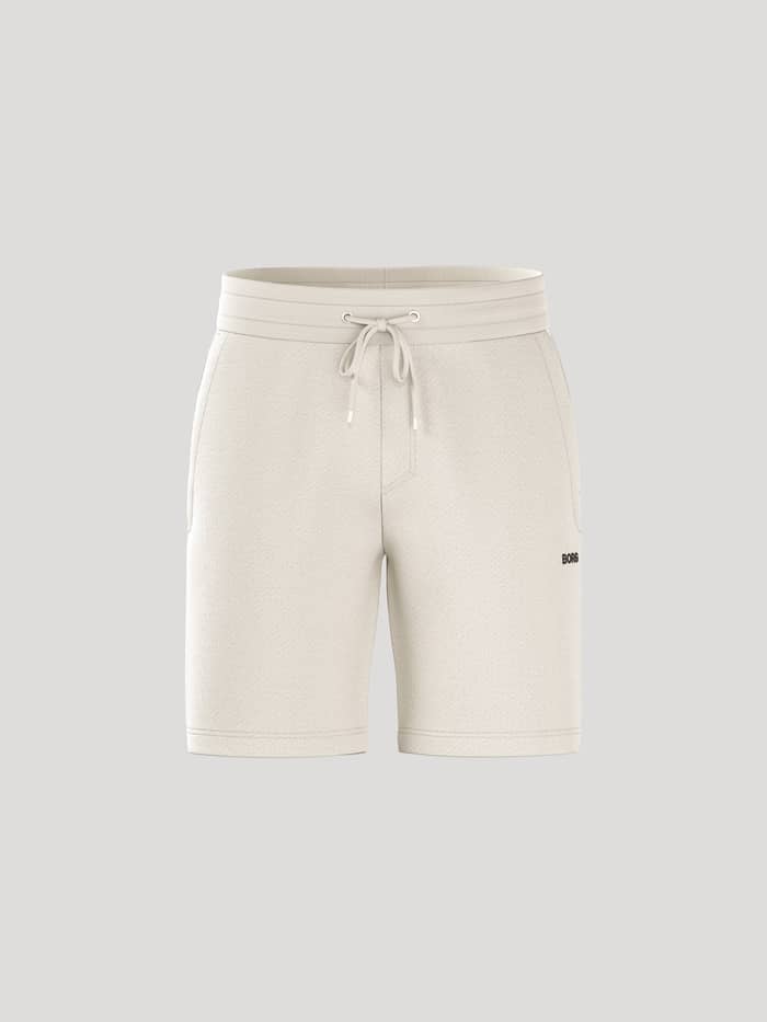 Vooraanzicht van de Borg Essential 4 Sweatshorts voor heren in Tofu (Wit) met zwart logo en verstelbaar trekkoord.