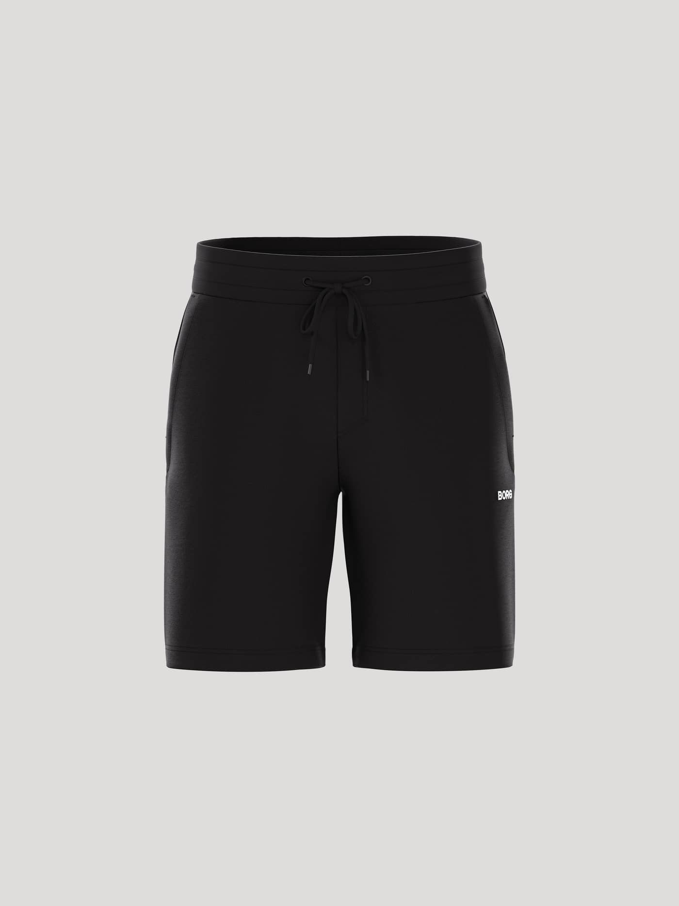 Borg Essential 4 Sweatshorts i Black Beauty (Svart) för herrar sedda framifrån i mjuk french terry med vit logotyp. - Image 1