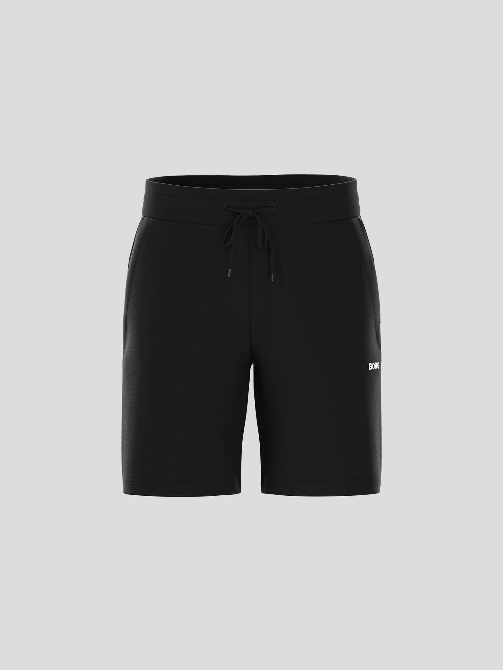Borg Essential 4 Sweatshorts i Black Beauty (Svart) för herrar sedda framifrån i mjuk french terry med vit logotyp. - Image 1