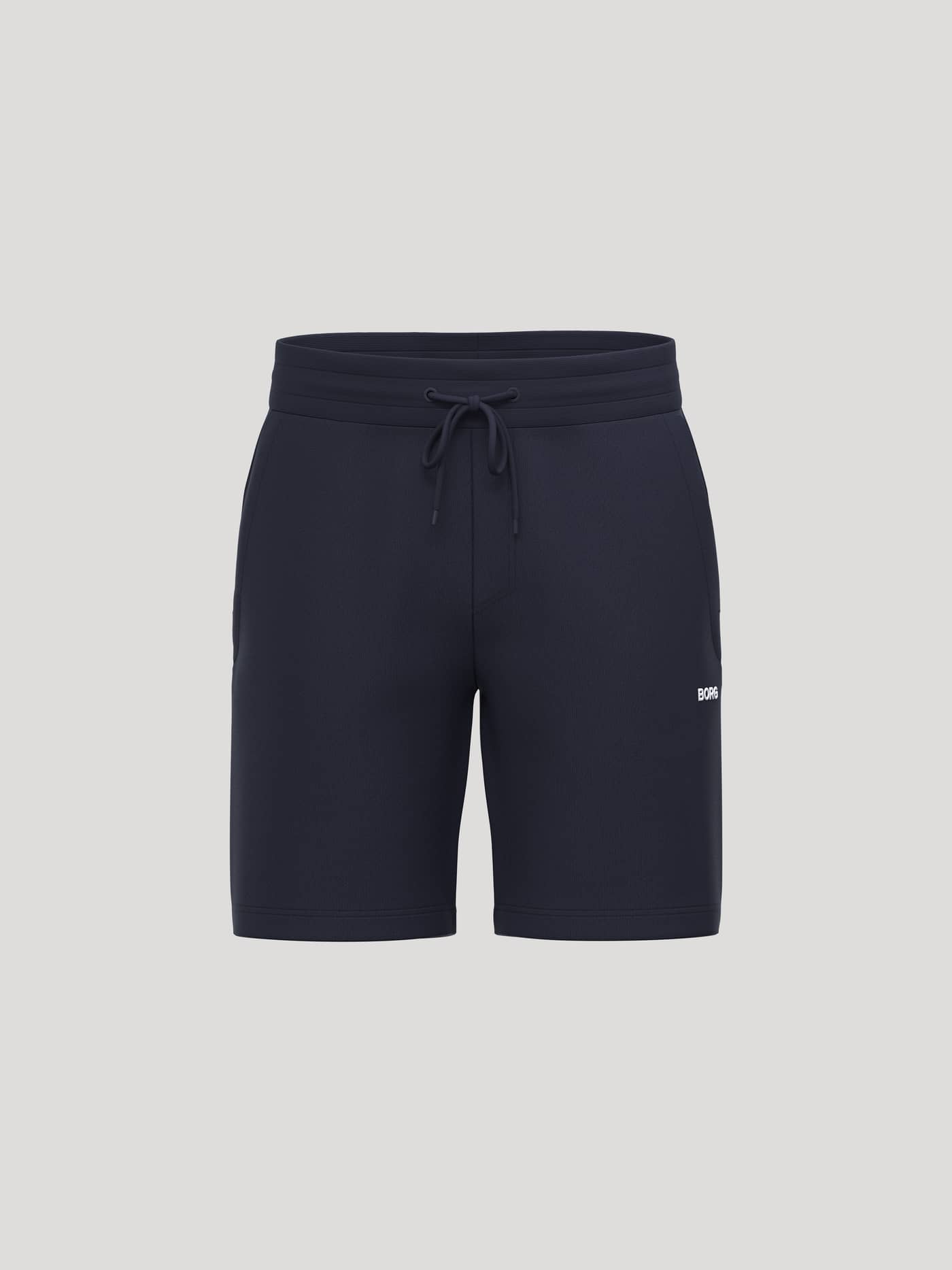 Vue de face du Borg Essential 4 Sweatshorts en Night sky (Marine) en french terry doux avec logo blanc. - Image 1