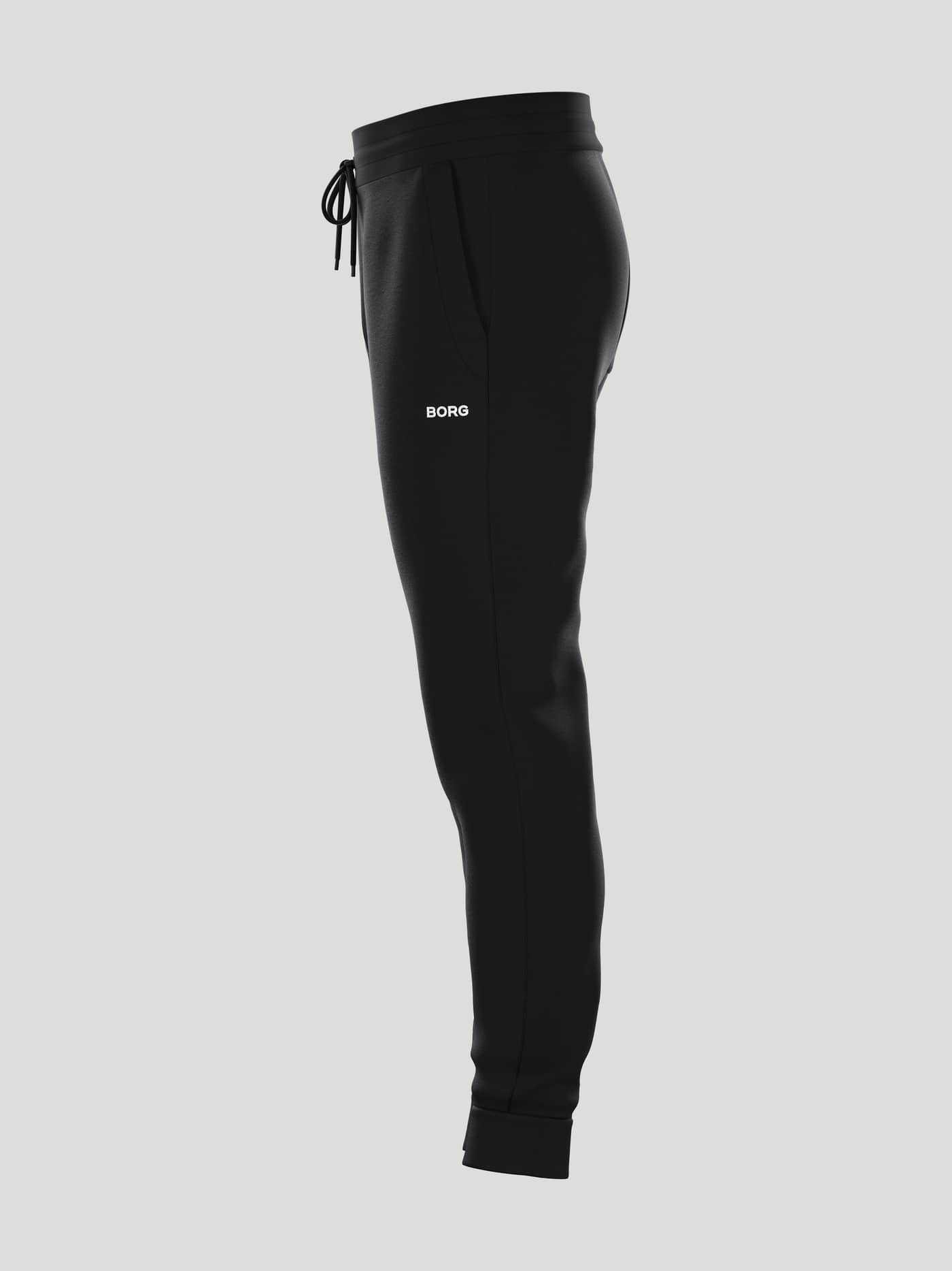 Seitenansicht der Borg Essential 4 Tapered Sweatpants für Herren in Black Beauty (Schwarz) mit weißem Logo im Tennis-Stil. - Image 4