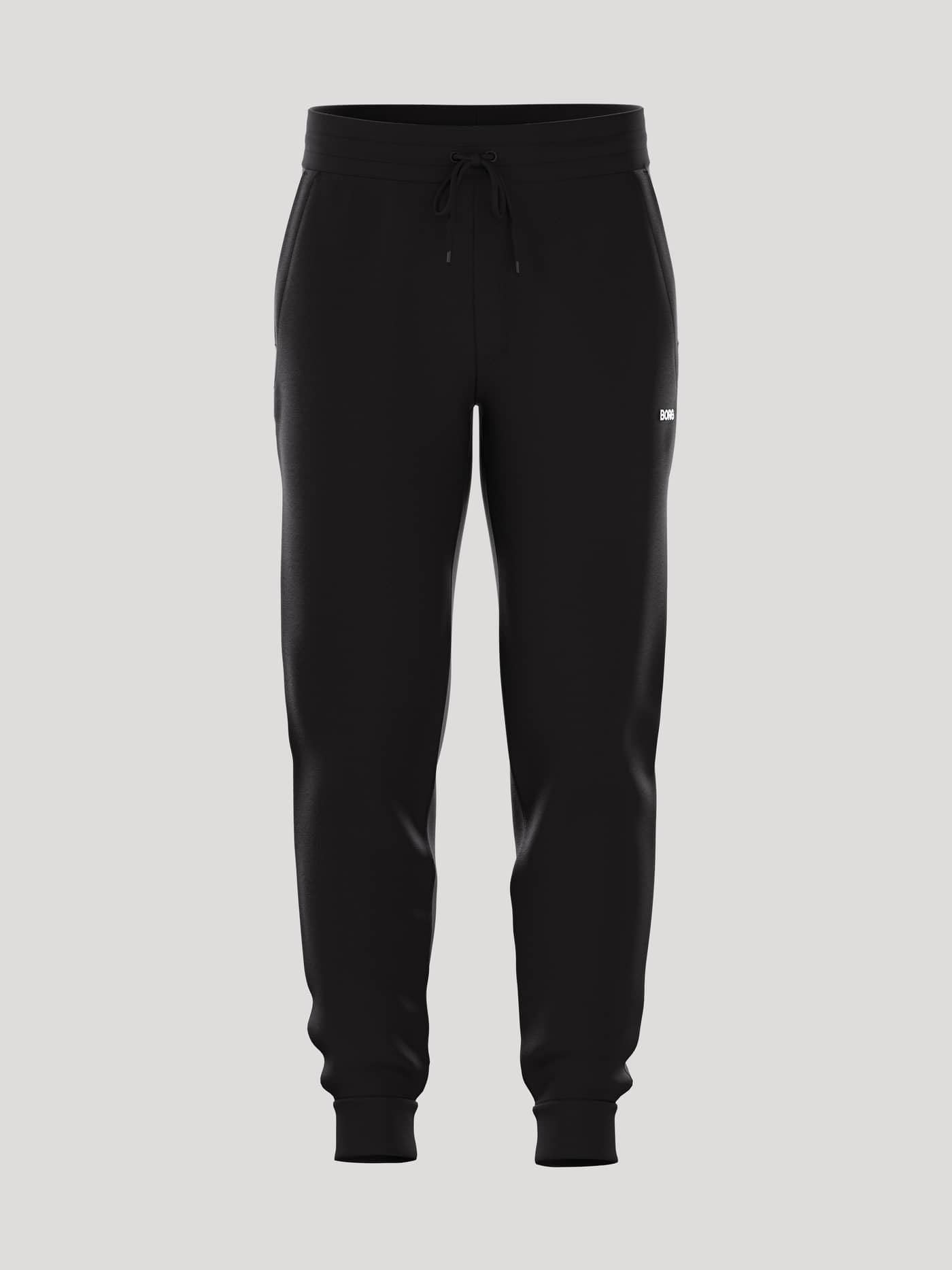 Borg Essential 4 Tapered Sweatpants i Black Beauty (Svart) sedda framifrån med vit logotyp och avsmalnande ben. - Image 1