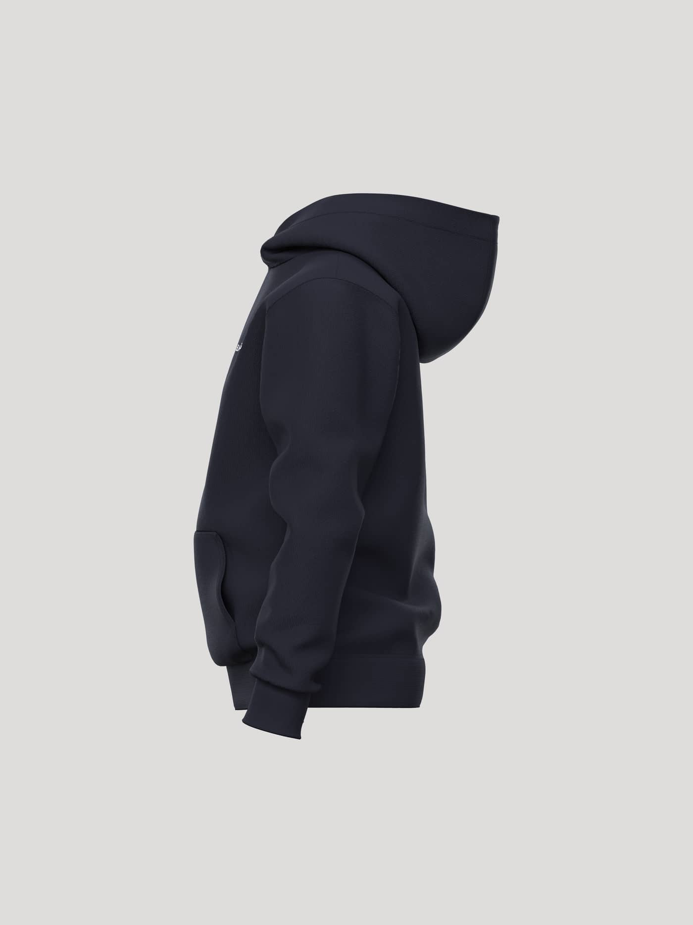 Side view of the Borg Essential 1 Hoodie for kids in Night sky (Navy) with a double-layer hood and logo, perfect for tennis. - Image 3