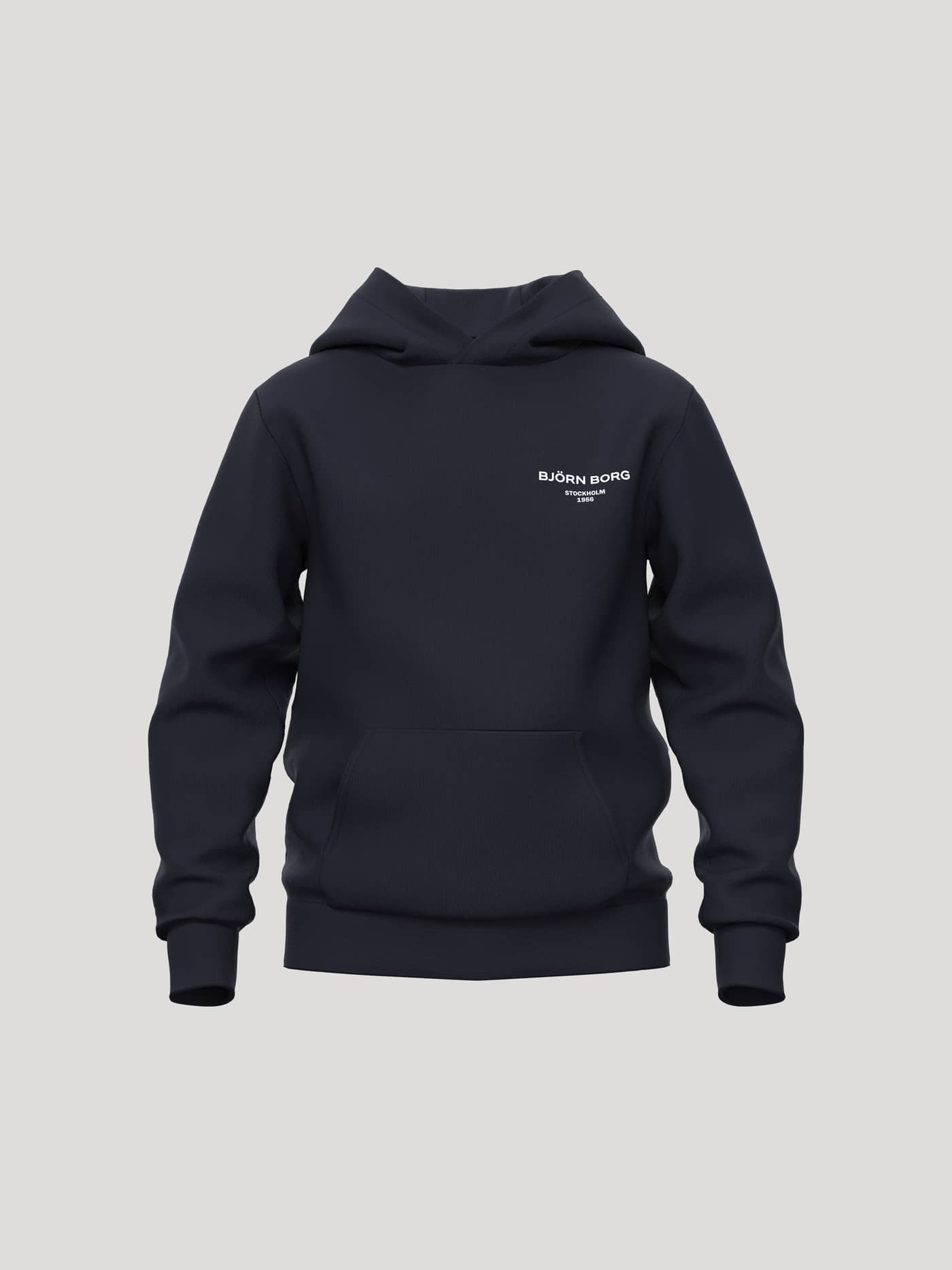 Borg Essential 1 Hoodie in Night Sky (Navy) for kids featuring a white chest logo, kangaroo pocket, and ribbed trims. - Image 1