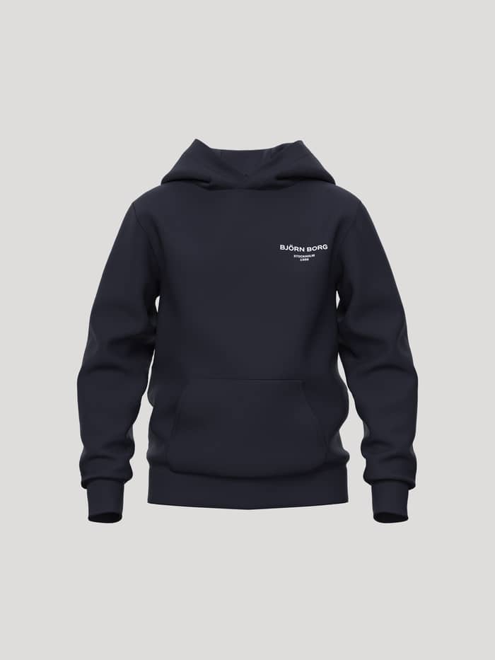 Borg Essential 1 Hoodie in Night Sky (Navy) for kids featuring a white chest logo, kangaroo pocket, and ribbed trims.