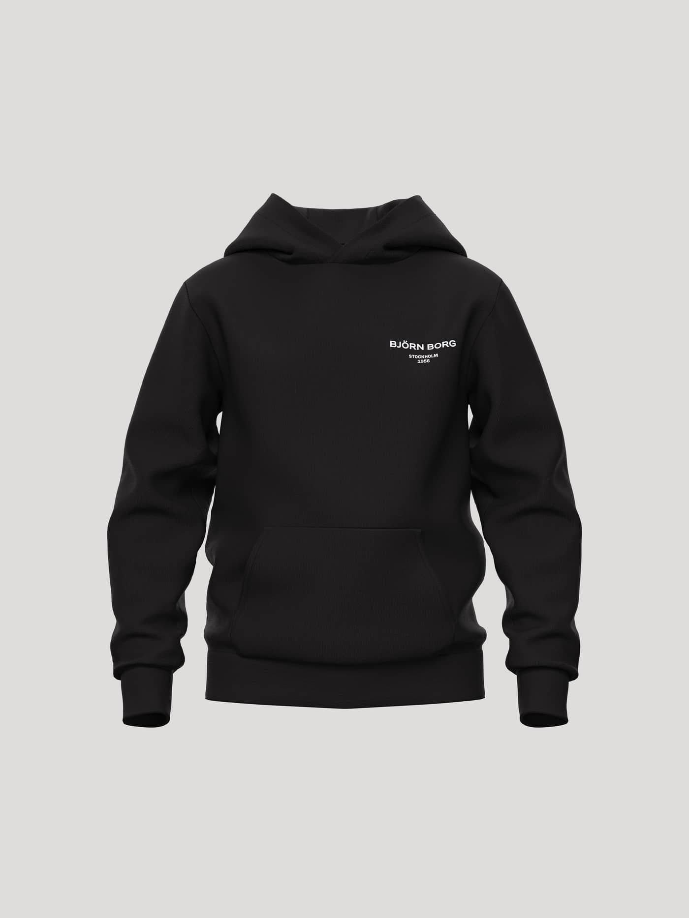 Vue de face du Borg Essential 1 Hoodie pour enfant en Black Beauty (Noir) avec logo blanc et poche kangourou. - Image 1
