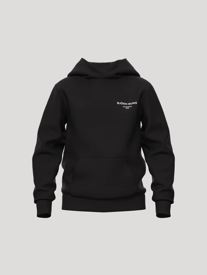 Vooraanzicht van de Borg Essential 1 Hoodie voor kids in Black Beauty (Zwart) met een wit logo en kangoeroezak.