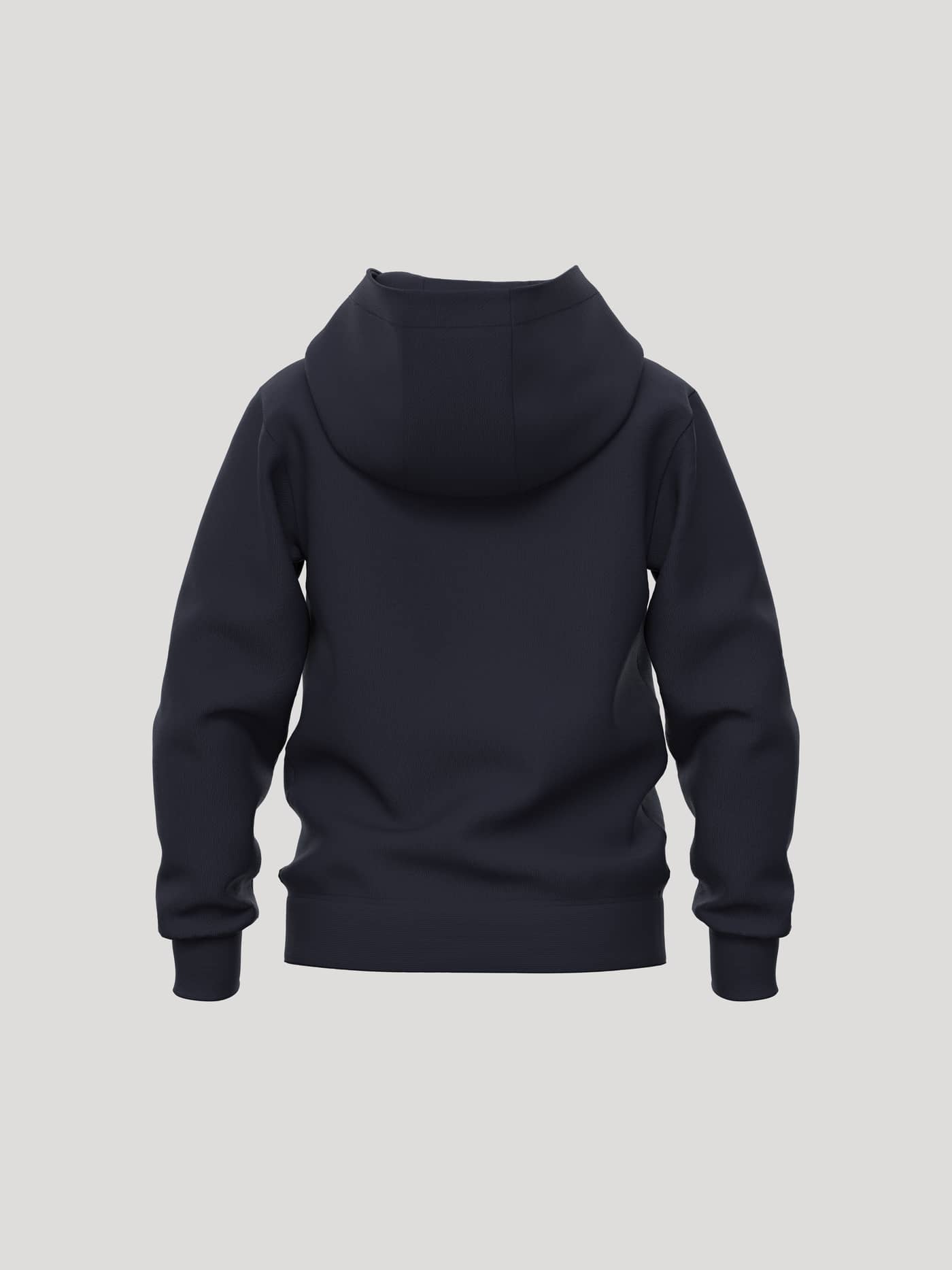 Back view of the Borg Essential 1 Hoodie for kids in Night sky (Navy) with a double-layer hood and ribbed trims. - Image 2