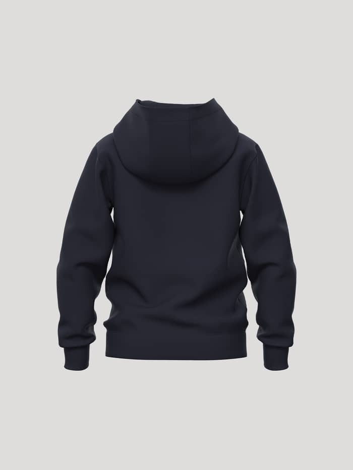 Back view of the Borg Essential 1 Hoodie for kids in Night sky (Navy) with a double-layer hood and ribbed trims. - Image 2