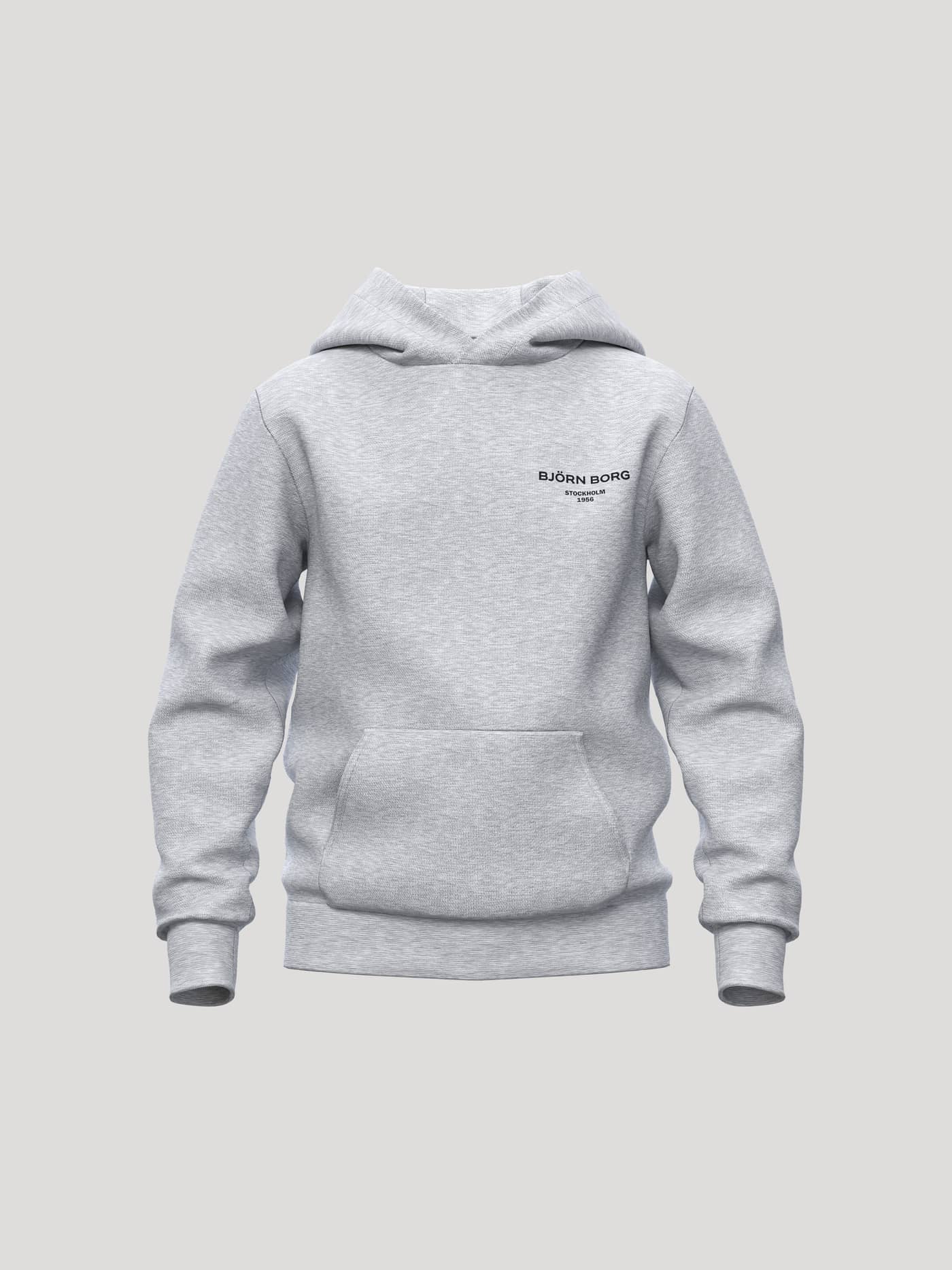 Vue de face du Borg Essential 1 Hoodie pour kids en Light Grey Melange (Gris) avec un logo noir et une coupe stylée. - Image 1