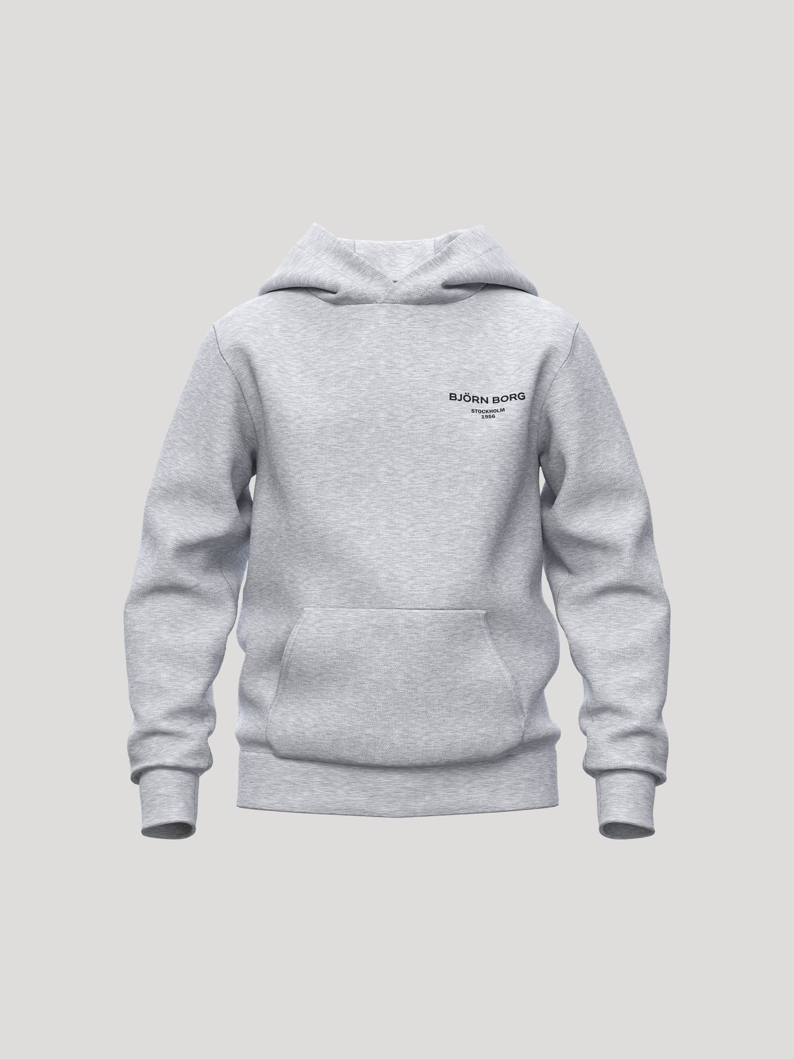 Front view of the kids Borg Essential 1 Hoodie in Light Grey Melange (Grey) featuring a stylish fit and black logo. - Image 1