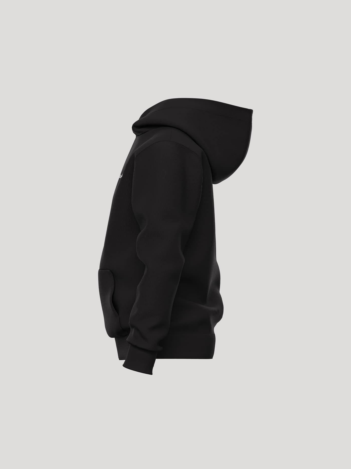Side view of the kids Borg Essential 1 Hoodie in Black Beauty (Black) featuring a comfortable fit and kangaroo pocket. - Image 3