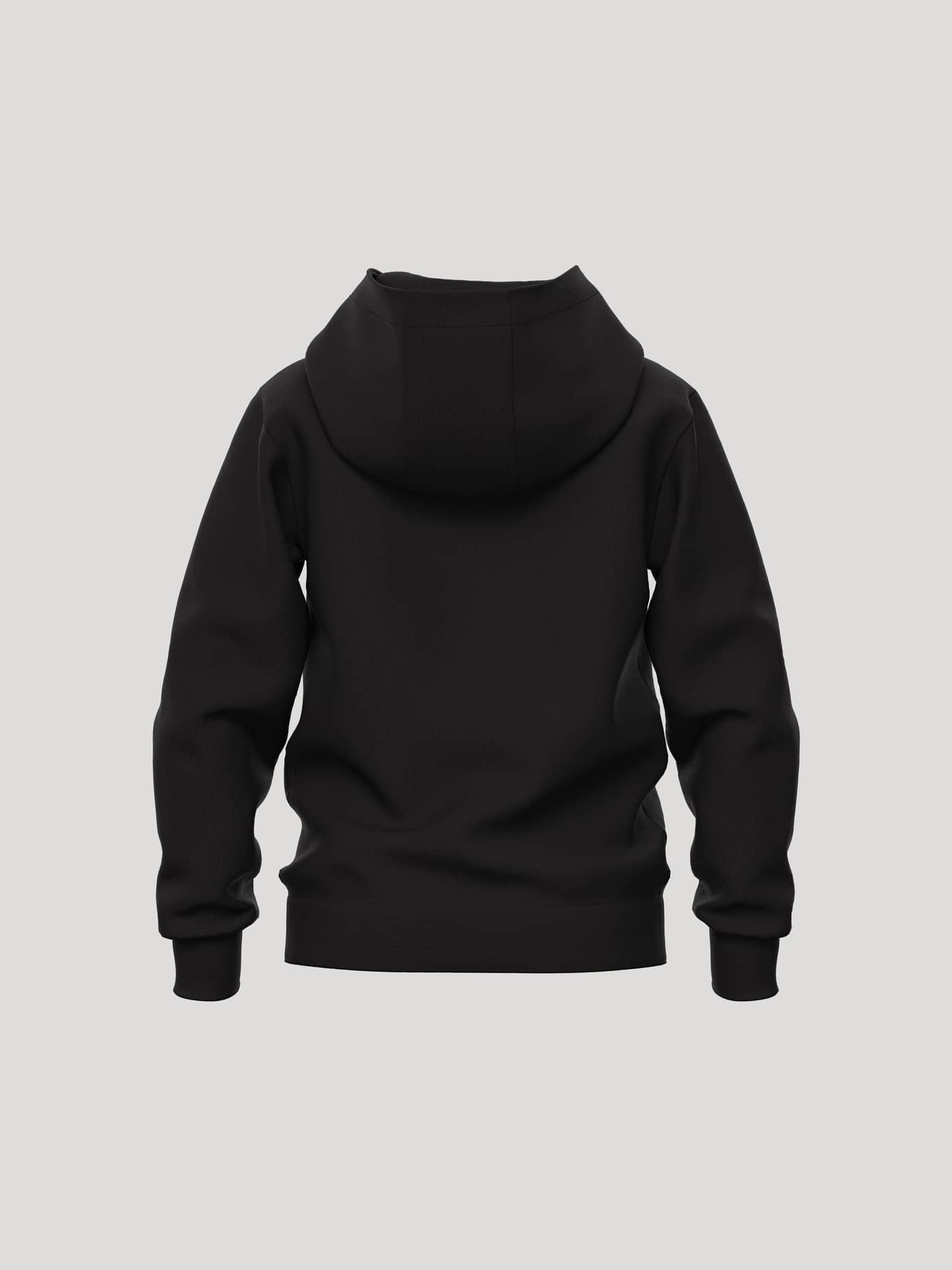 Back view of the Borg Essential 1 Hoodie for kids in Black Beauty (Black) featuring a double-layer hood and ribbed cuffs. - Image 2