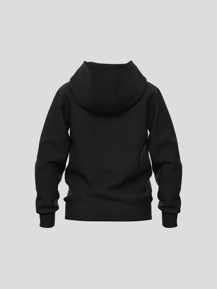 Back view of the Borg Essential 1 Hoodie for kids in Black Beauty (Black) featuring a double-layer hood and ribbed cuffs. - Image 2