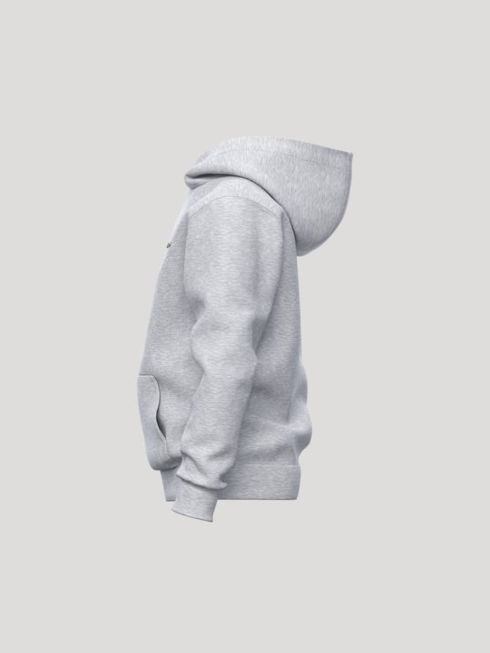 Side view of the kids' Borg Essential 1 Hoodie in Light Grey Melange (Grey) in a soft cotton and polyester blend. - Image 3