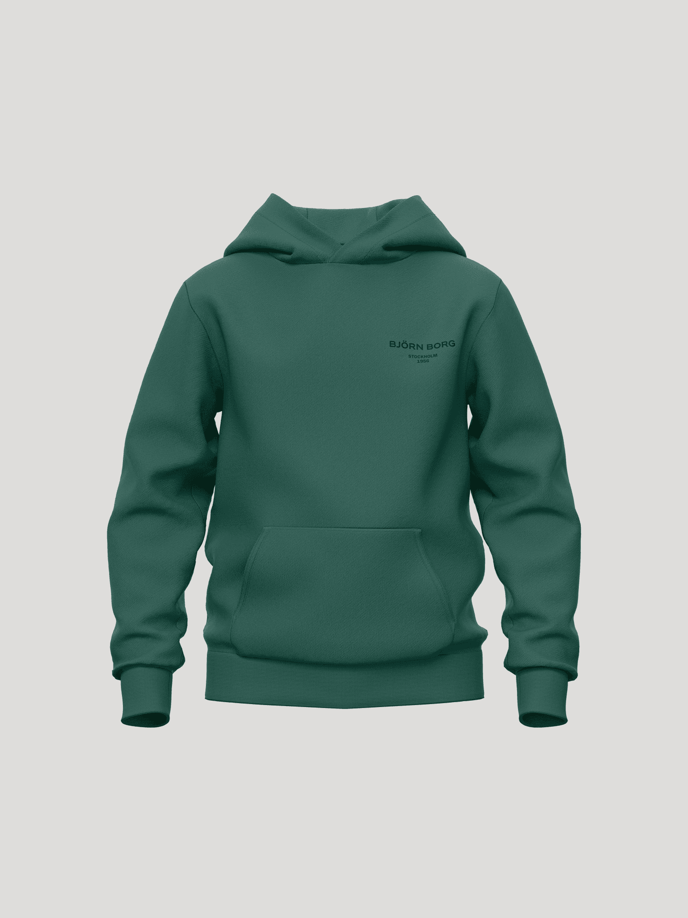 Vue de face du kids Borg Essential 1 Hoodie en Posy Green (Vert) avec une poche kangourou et un logo noir. - Image 1