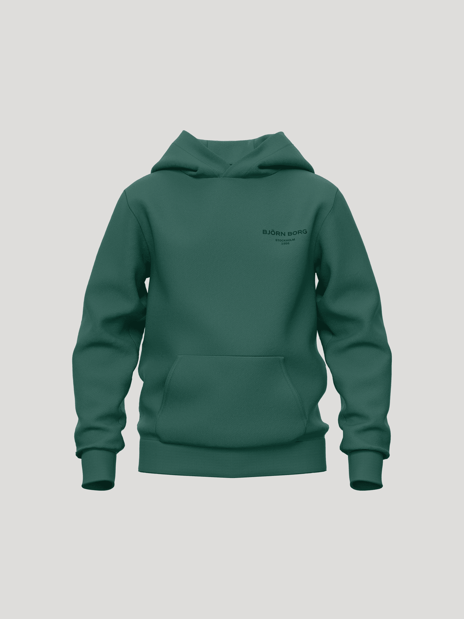 Front view of the kids Borg Essential 1 Hoodie in Posy Green (Green), featuring a kangaroo pocket and black logo. - Image 1