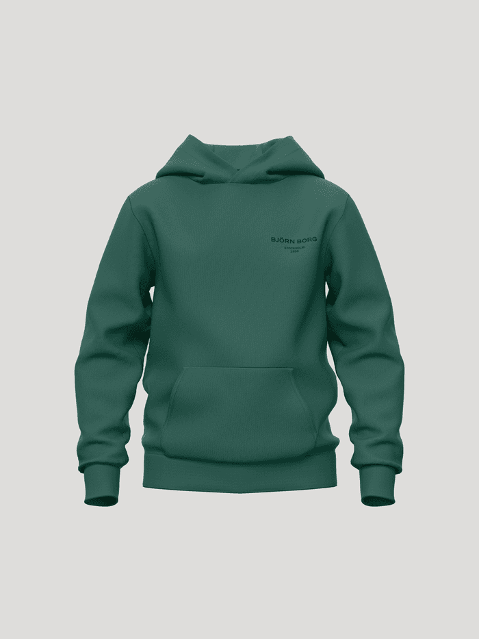 Framifrån på Borg Essential 1 Hoodie för kids i Posy Green (Grön) med känguruficka och svart logotyp.