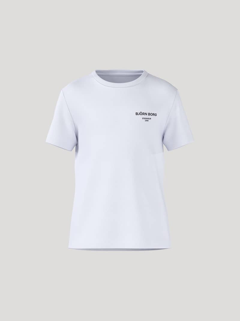 Front view of the Brilliant White (White) Borg Essential 1 T-Shirt for kids in soft cotton with a black chest logo.