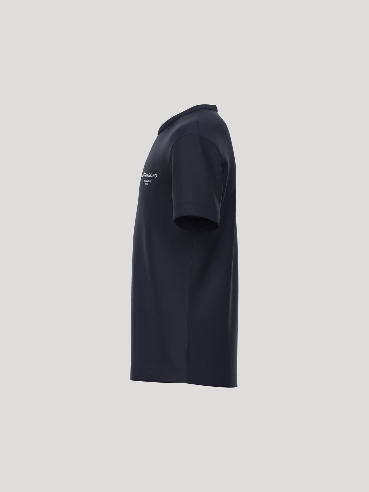Side view of the kids Borg Essential 1 T-Shirt in Night sky (Navy) cotton featuring a white chest logo. - Image 3