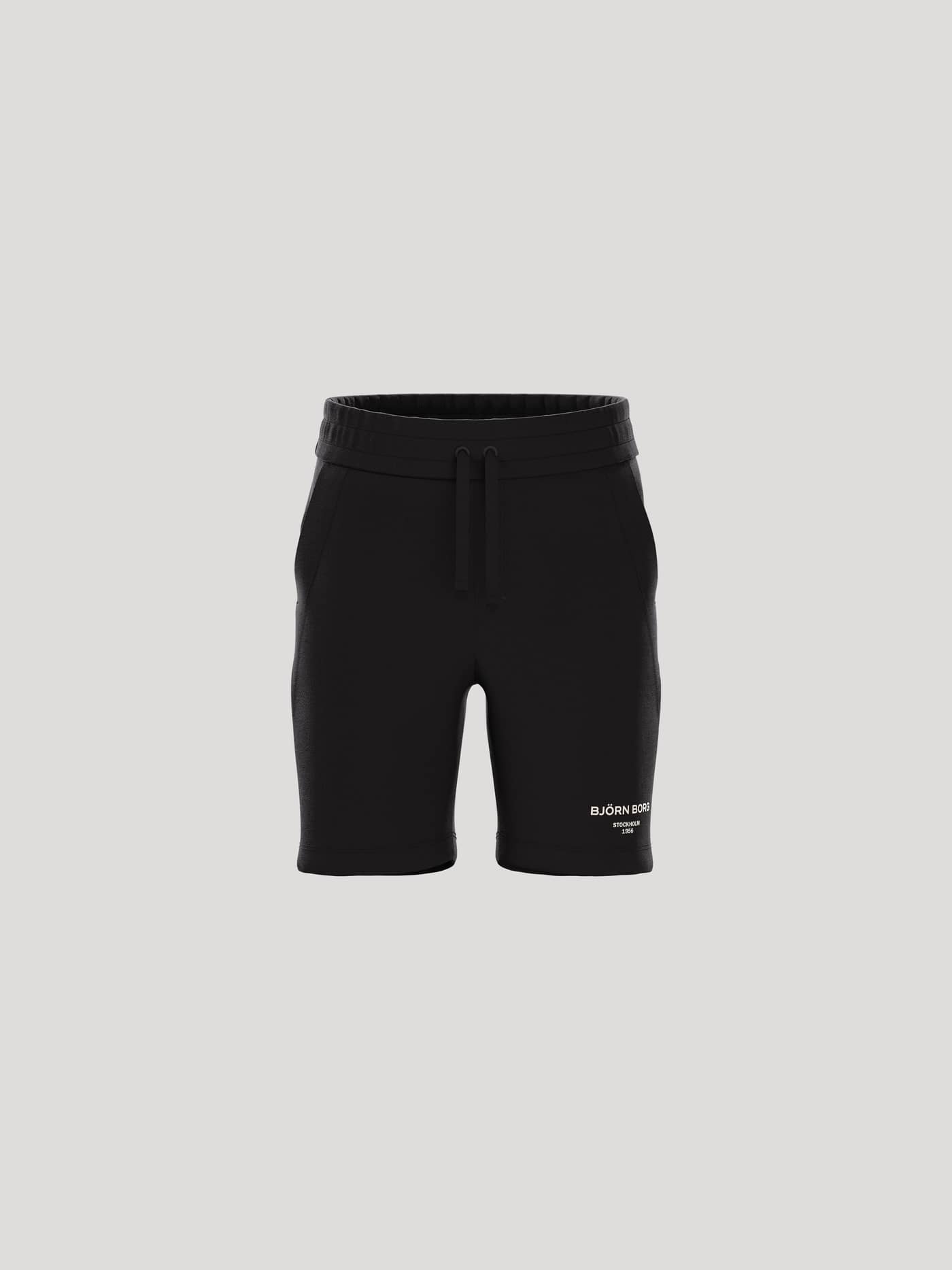 Vue de face du Borg Essential 1 Sweatshorts pour kids en Black Beauty (Noir), coton mélangé avec un logo blanc. - Image 1