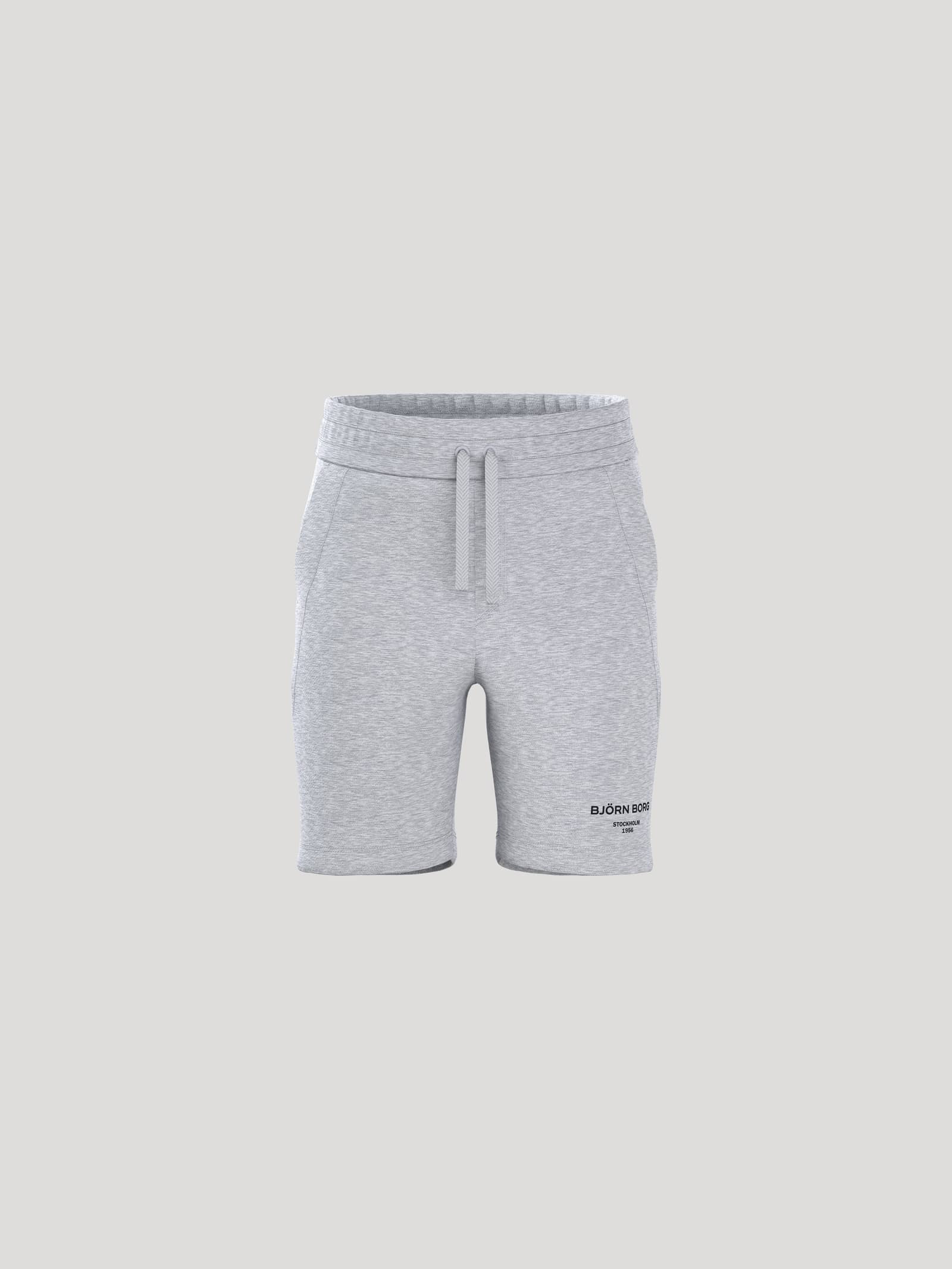 Front view of the kids Borg Essential 1 Sweatshorts in Light Grey Melange (Grey) featuring a regular fit and black logo. - Image 1
