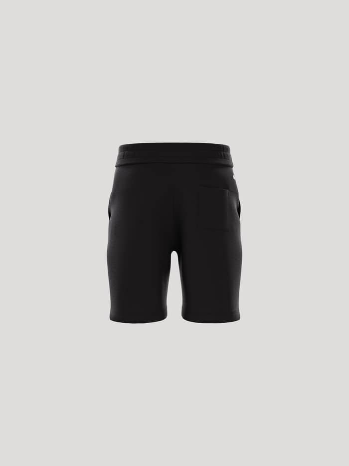Back view of kids’ Borg Essential 1 Sweatshorts in Black Beauty (Black) featuring soft fleece and a regular fit. - Image 3