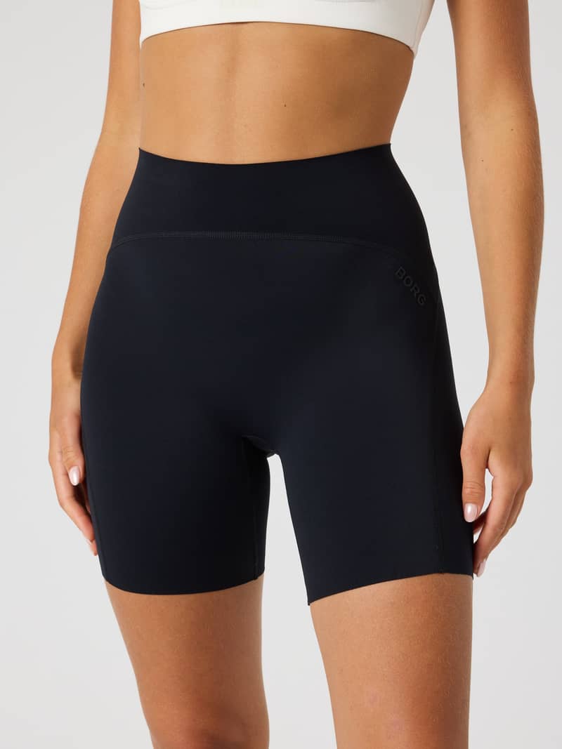 Front view of the high-waisted Borg Sleek Shorts in Black Beauty (Black), with a slim fit for training and tonal black logo.