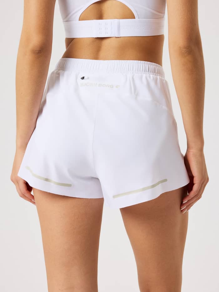 Back view of the Brilliant White (White) Borg Performance 2 In 1 Shorts for women with a gold logo and stylish training fit. - Image 2
