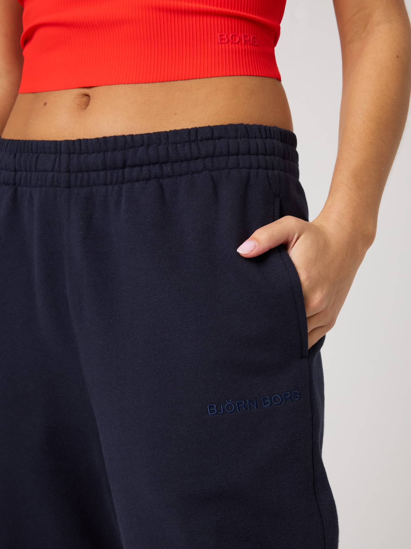 Close-up of Women's Borg Sweatpants in Night Sky (Navy) featuring tonal logo embroidery and functional side pockets. - Image 4