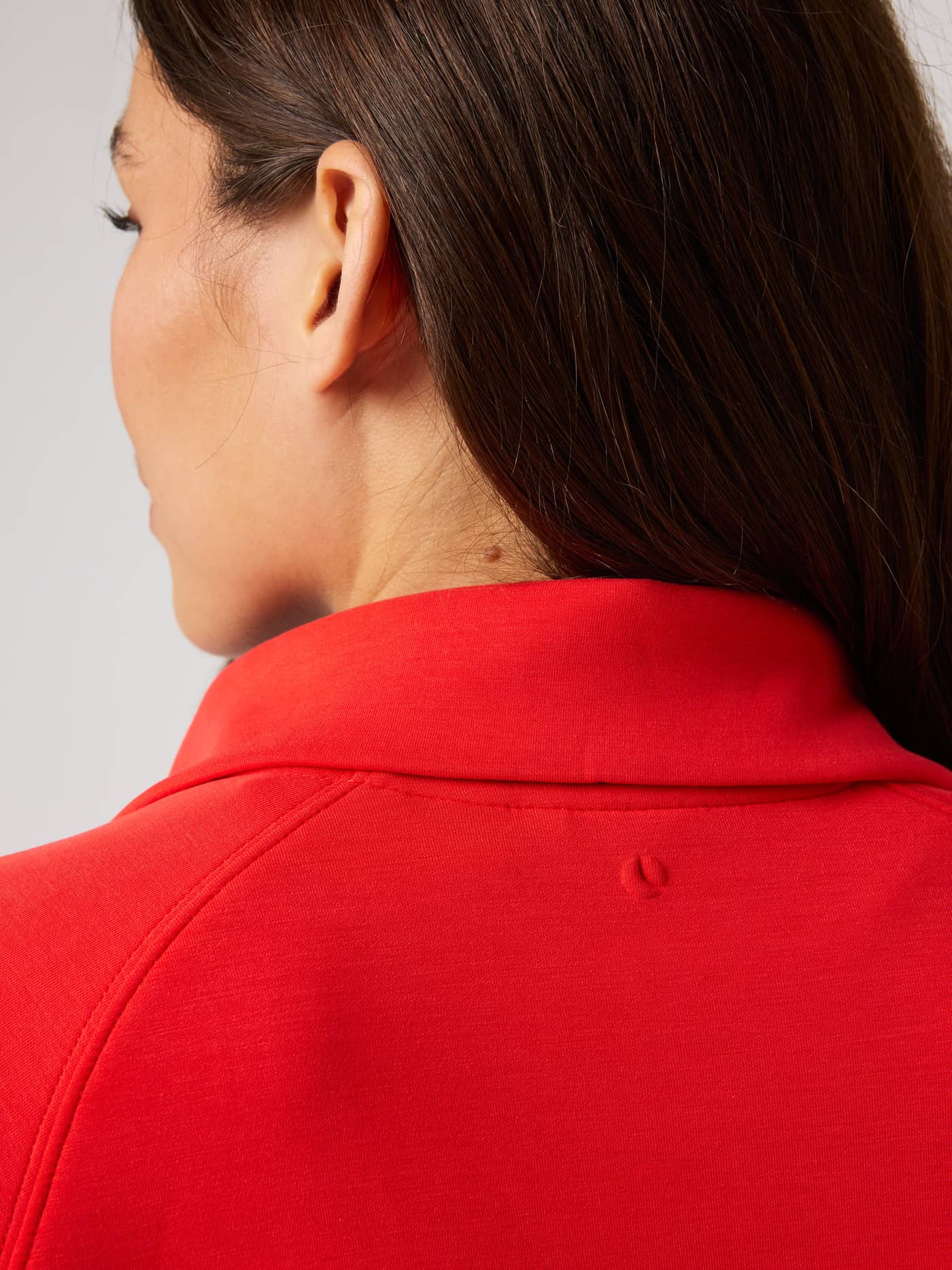 Studio Soft Halfzip Sweatshirt in Flame Scarlet (Red) seen from the back, featuring a high collar and a tonal logo. - Image 6