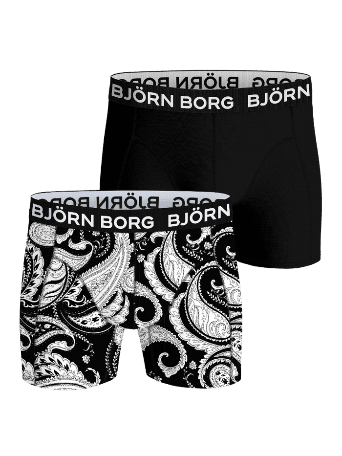 Bamboo Cotton Blend Boxers 2-pack i sort og hvidt paisley-print i blød bambusviskose og bomuld med hvidt logobånd.
