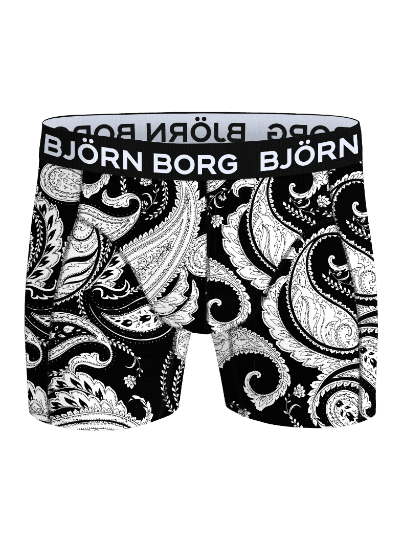 Bamboo Cotton Blend Boxers 2-pack in soft black and white paisley print, featuring a white logo waistband. - Image 2