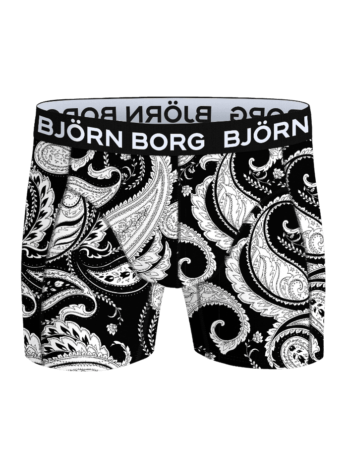 Bamboo Cotton Blend Boxers 2-pack in soft black and white paisley print, featuring a white logo waistband. - Image 2