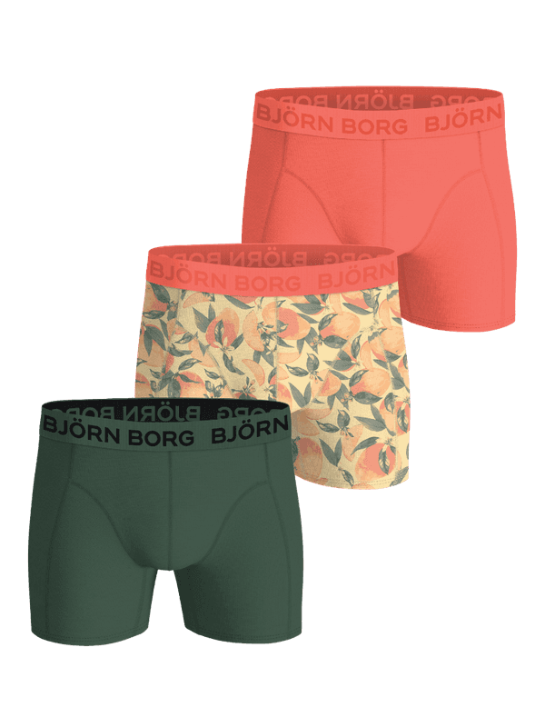 Front view of the Cotton Stretch Boxers 3-pack for men featuring orange, green, and fruit print functional boxer briefs.
