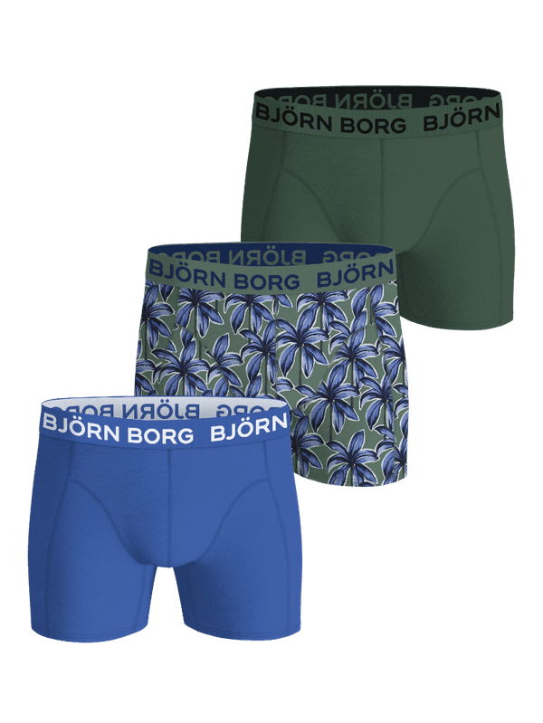 Cotton Stretch Boxers 3-pack i blått, grönt och palmmönster med mjuk logoresår för stil och funktion.