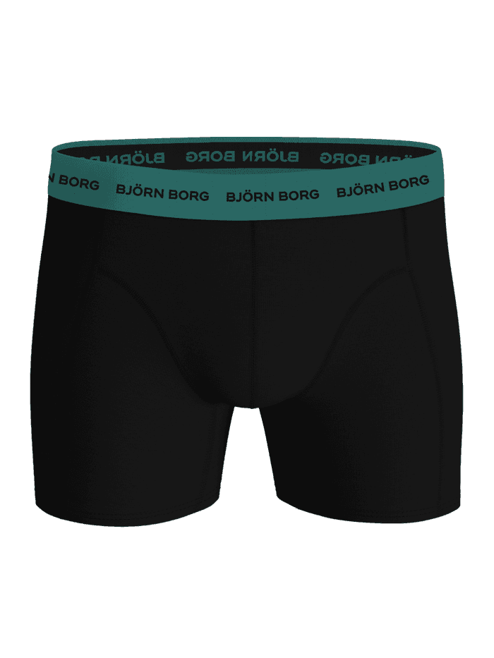 Front view of the black Björn Borg Cotton Stretch Boxers 3-pack for men, featuring a teal logo waistband. - Image 4