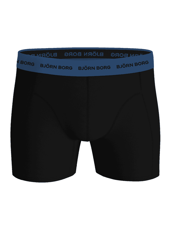 Front view of the Björn Borg Cotton Stretch Boxers 3-pack in black with a blue microfibre logo waistband. - Image 2