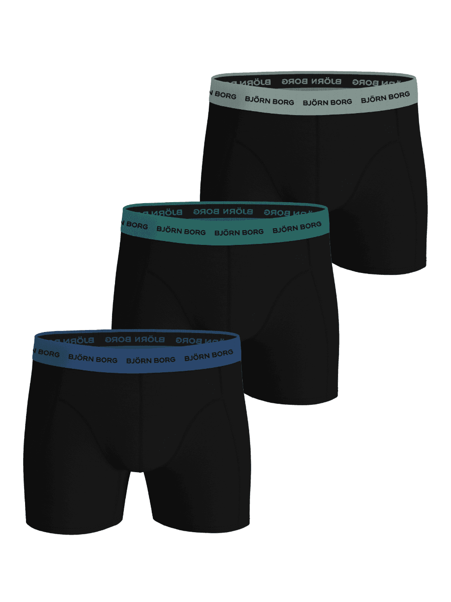 Cotton Stretch Boxers 3-pack voor heren met zwarte boxers, blauwe, teal en grijze taillebanden en zwarte logo's. - Image 1