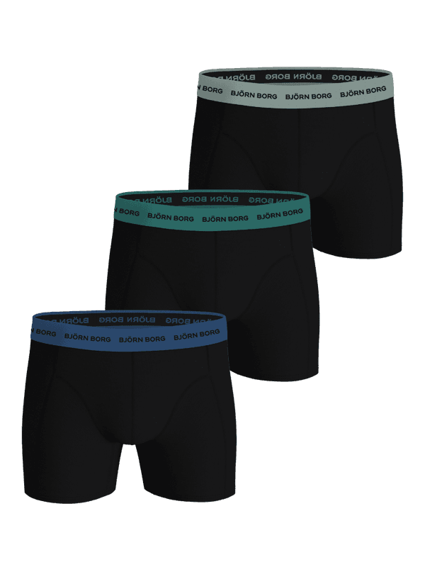 Cotton Stretch Boxers 3-pack för herr i svart med blå, blågrön och grå midjeresår och svarta logotyper.