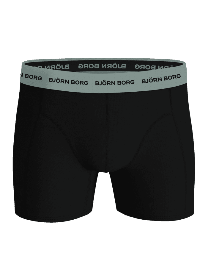 Front view of the black Cotton Stretch Boxers 3-pack featuring a sage green waistband and black Björn Borg logos. - Image 5