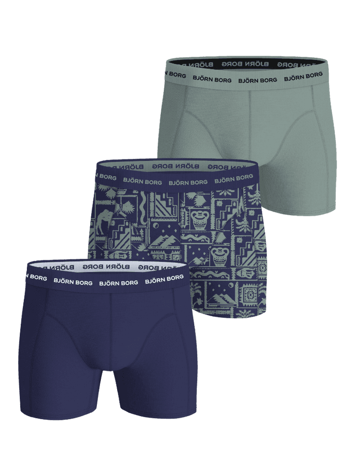 Cotton Stretch Boxers 3-pack i navy, grå og print i bomuldsstretch med hvidt logoprint på den elastiske linning.