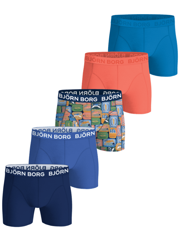 Front view of the Cotton Stretch Boxers 5-pack in blue, orange, navy blue, and print featuring white logo waistbands.