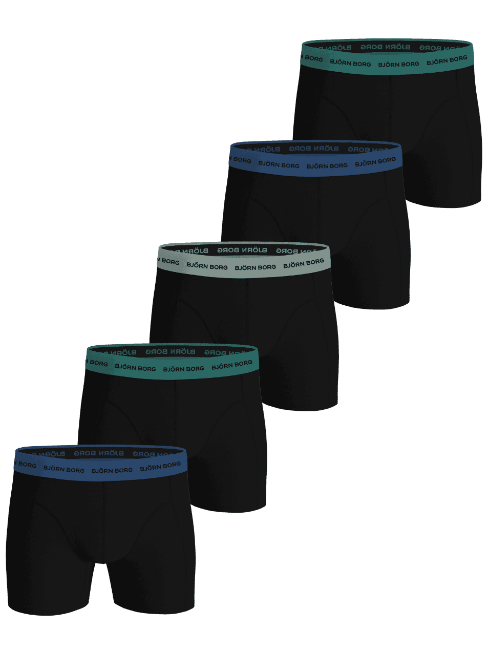 Cotton Stretch Boxers 5-pack in zwart van katoenen stretch met logo-taillebanden in petrol, blauw en groen. - Image 1